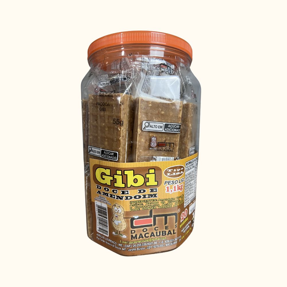 Paçoca Gibi Quadrada Doces Macaubal – Pote 1,1kg com 20 Unidades