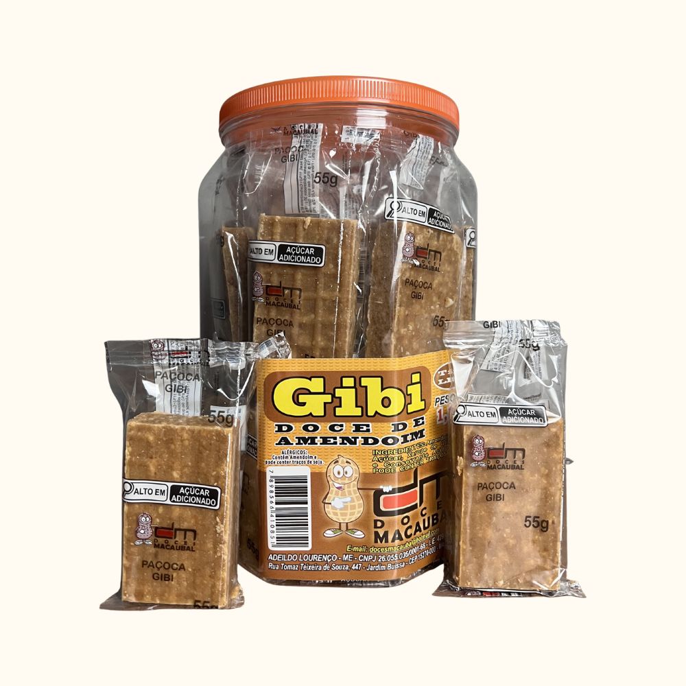 Paçoca Gibi Quadrada Doces Macaubal – Pote 1,1kg com 20 Unidades
