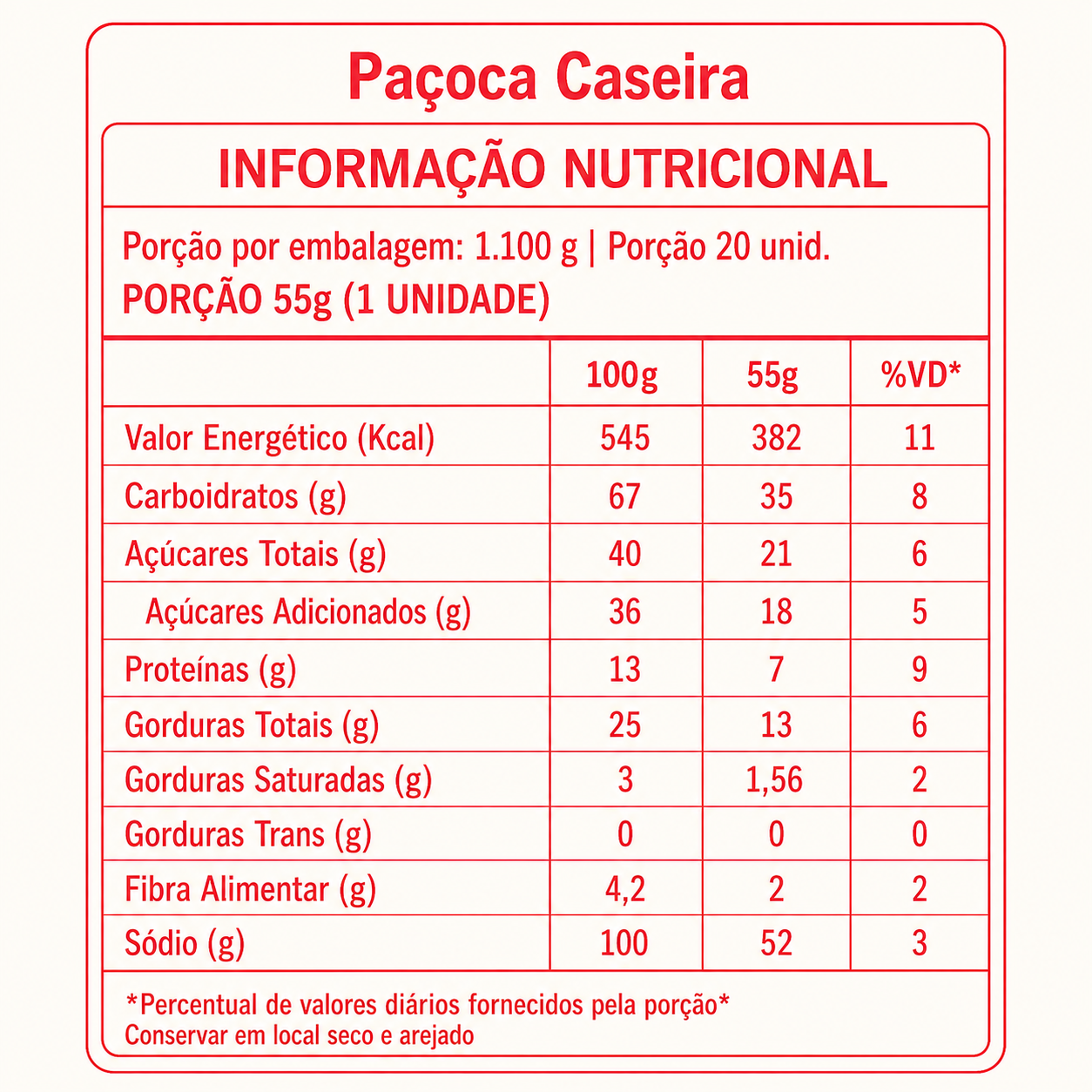 Paçoca Caseira de Amendoim 1,1kg – 20 unidades embaladas